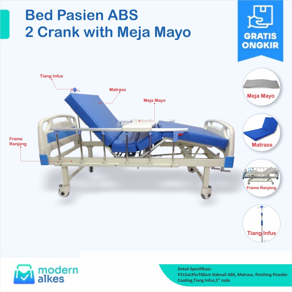 Bed pasien abs 2 crank fullset dengan meja mayo